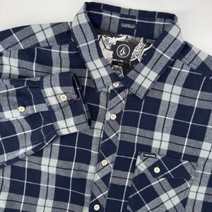 Volcom Mens XL Flanibus Navy Grey Plaid Flannel Long Sleeve Shirt Classic Fit